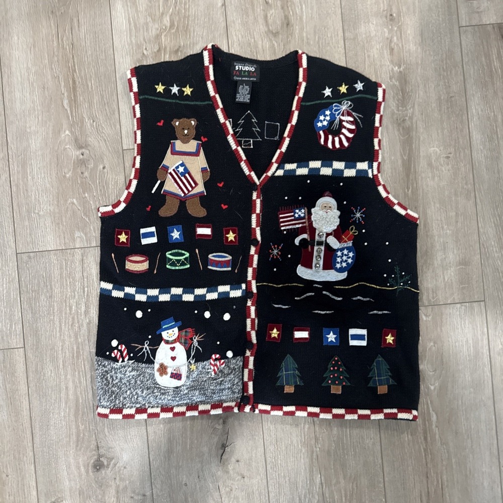 Designers Studio L Patriotic Bear Santa Ugly Christmas Sweater Vest